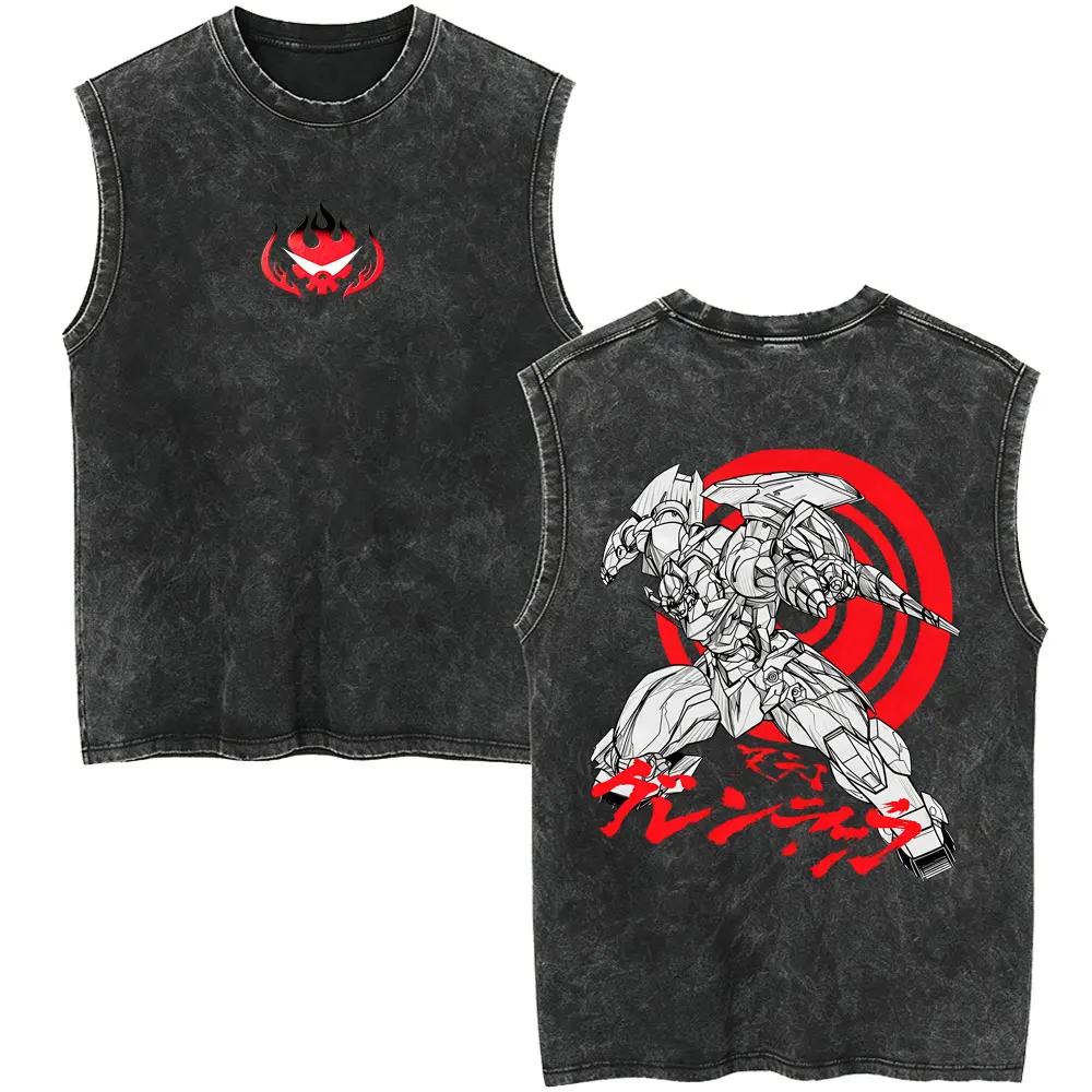 Anime Tengen Toppa Gurren Lagann Vintage Washed Tank Tops Men Women Clothing Manga Oversized Crewneck Sleeveless Vest T-shirt