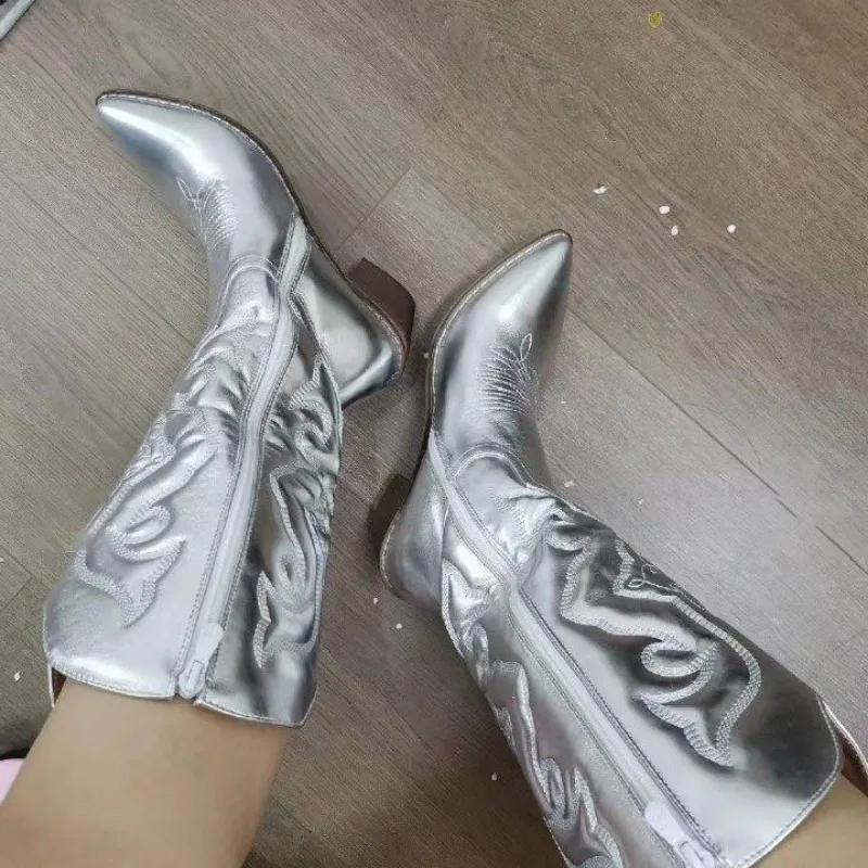 Gold Mid-calf Boots Woman Side Zipper Silver Pointed Western Cowboy Boots Retro Fashion Black Boots Plus Size 36-43 Women Boots