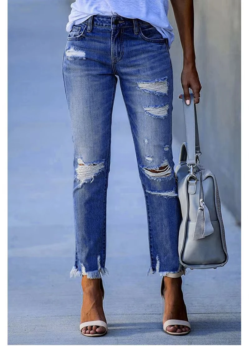 

Рваные тонкие винтажные джинсы, брюки-карандаш для женщин, одежда, винтажные джинсовые брюки с кисточками, женские отбеленные брюки, новинка