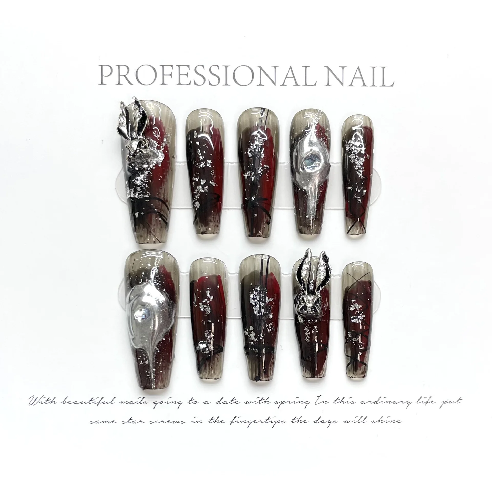 Handmade Y2k Press on Nails Goth Style Black and Red Fake Nails with Design Full Cover Long Coffin Acrylic Nail Tips