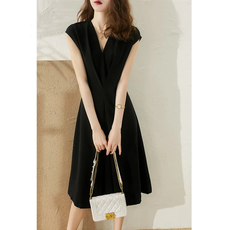 Robe élégante en fibre de compromis pour femmes, robes de bureau patchwork à col en V uni, de haute qualité, nouvelle collection été 2024
