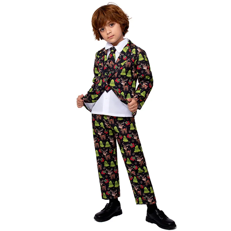 Boys and Girls' Christmas Cosplay Clothing Kids Elk Pattern Suit Coat Skirt Couple Set Festival Party Stage Performance Costume