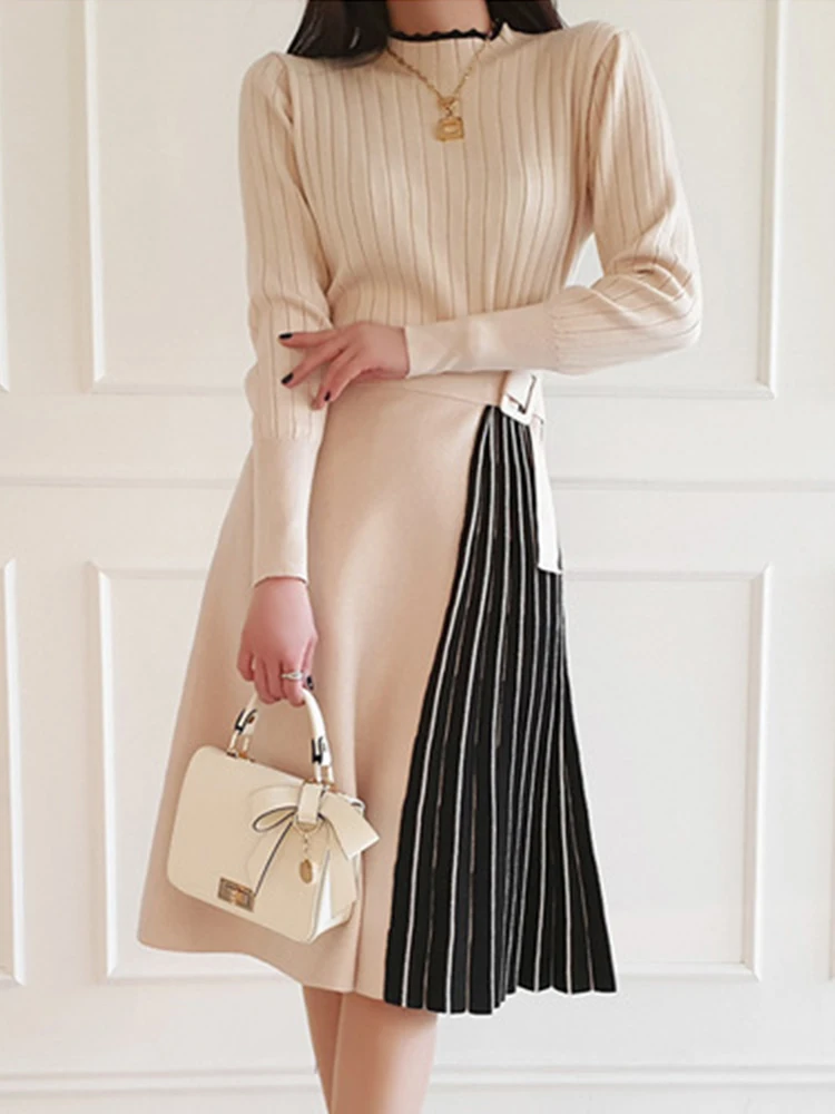 

Autumn Winter Sweater Long Dress Women Clothing Elegant Pretty Knitted Chic Long Sleeve Skinny Midi Pleated Robe Mujer Vestidos