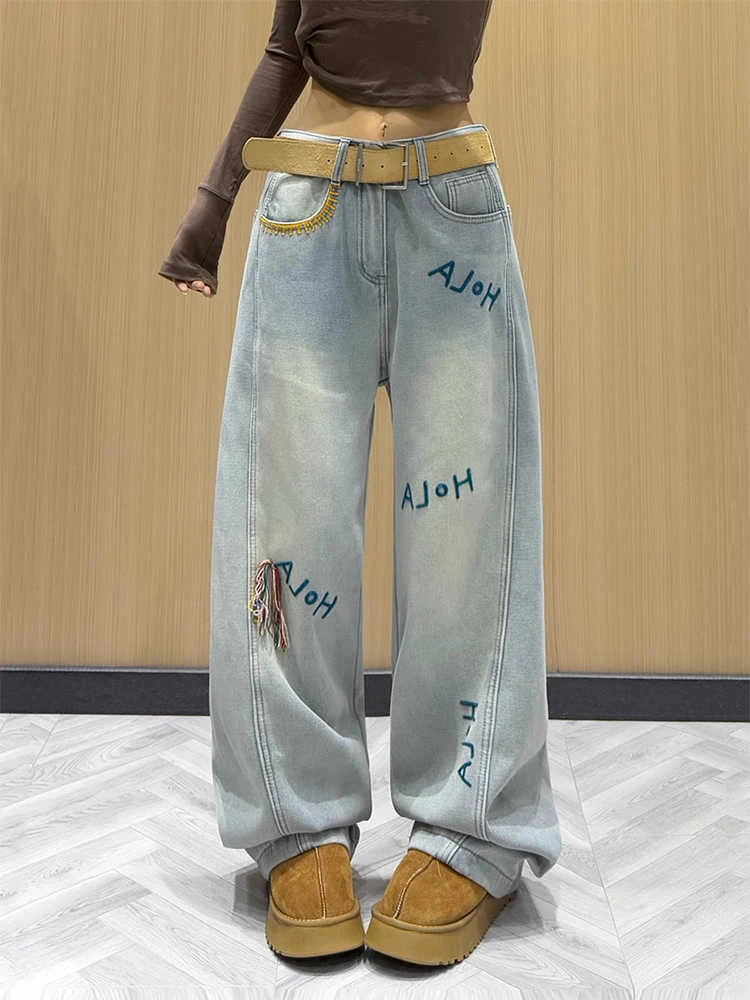 American Letter Embroidery Wide Leg Jeans Women Spring Plush Denim Long Pant 2025 New Female Casual Trousers