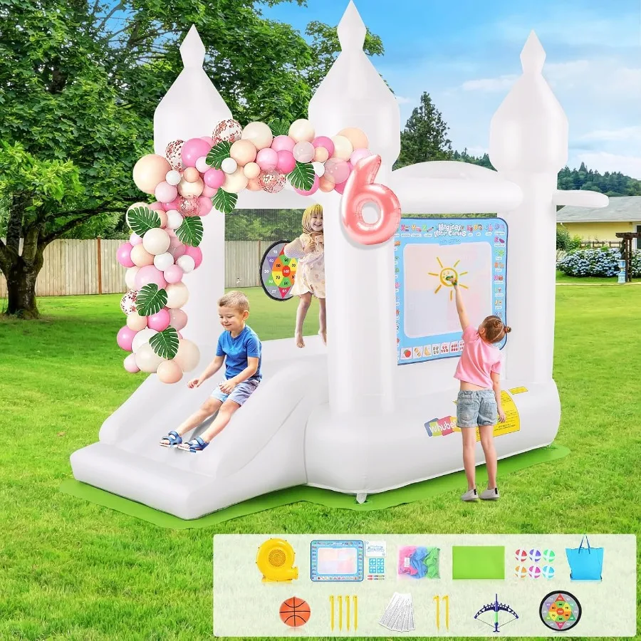 

White Bounce House Indoor Outdoor for 28 with Balloons Magical Water Canvas Dart Target Balls Bar Dart Set Basketball 102 x 70