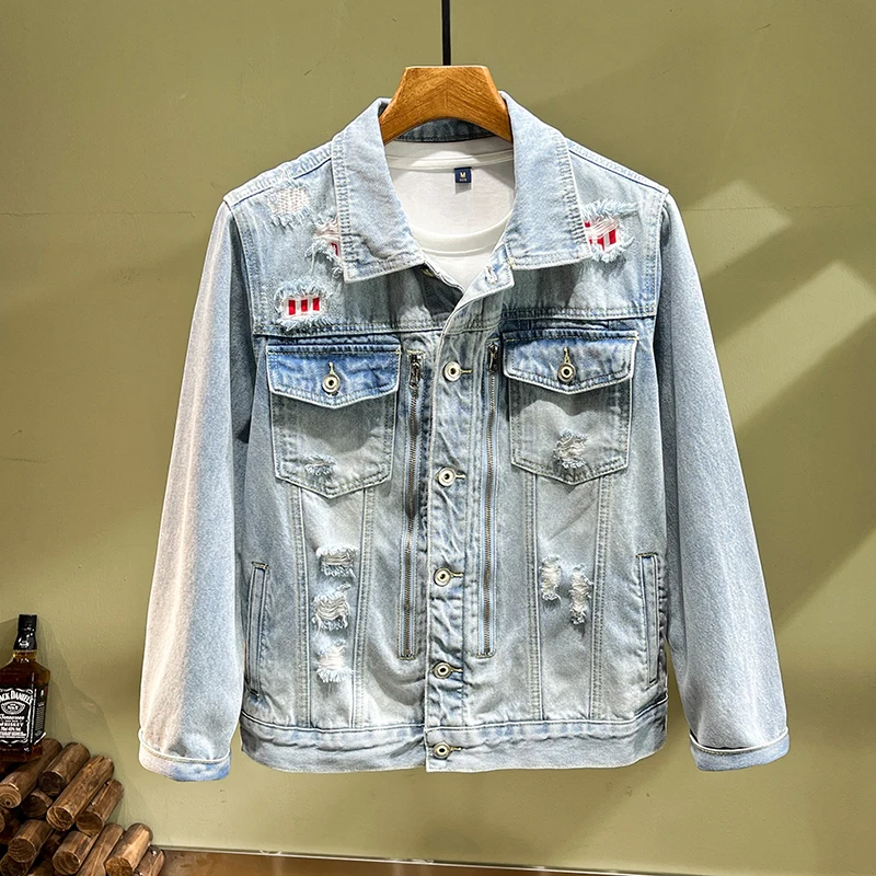 Street fashion men jacket retro light blue hole patched ripped denim jacket men coats zipper designer hip hop chaquaras Hombre