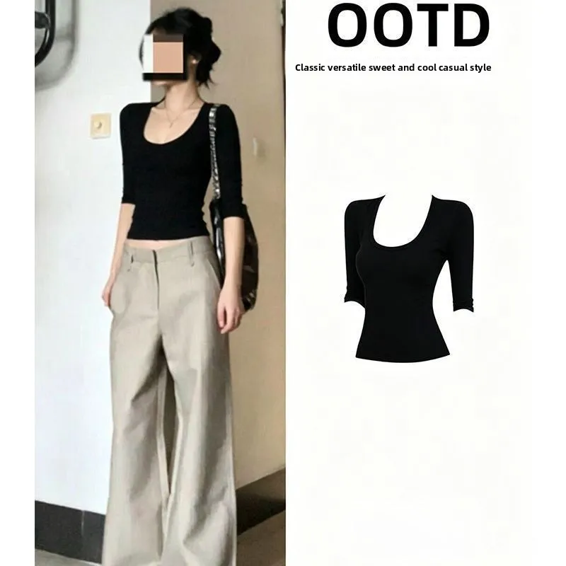 Slim Fit Short Sleeve T-Shirt Women's Korean Style U-Neck Tight Body Shaping Top Half Sleeve Waist Cinched Pure Desire Low Neck