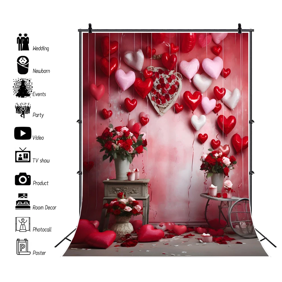 Sfondo fotografico di San Valentino Rosa rossa Fiori Cuore d'amore Interno Camera Compleanno Matrimonio Photocall Sfondo Photostudio