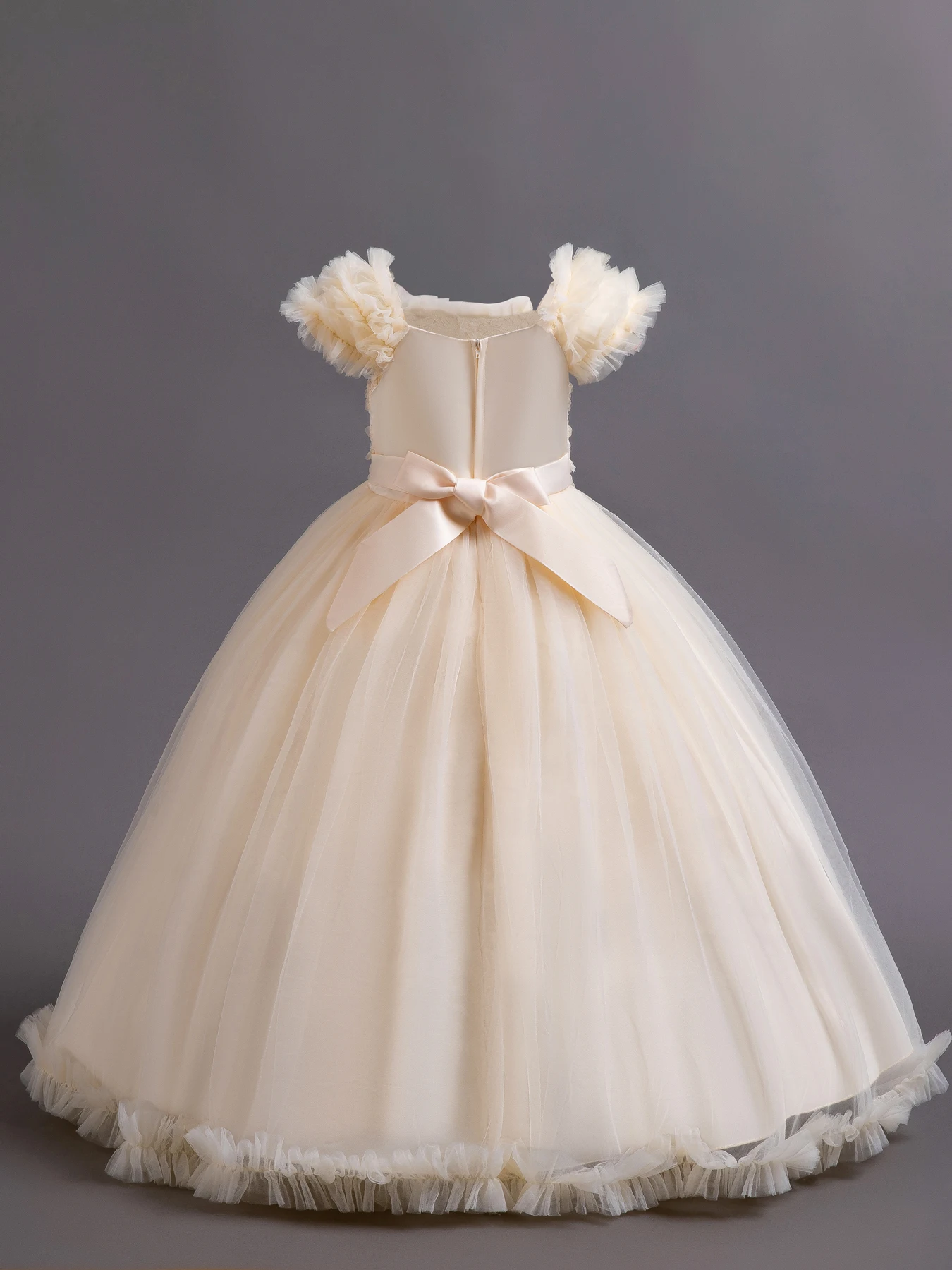 

W8060 Champagne Flower Girl Long Wedding Bridesmaid Dress Bow Short Sleeve Child Evening Dress