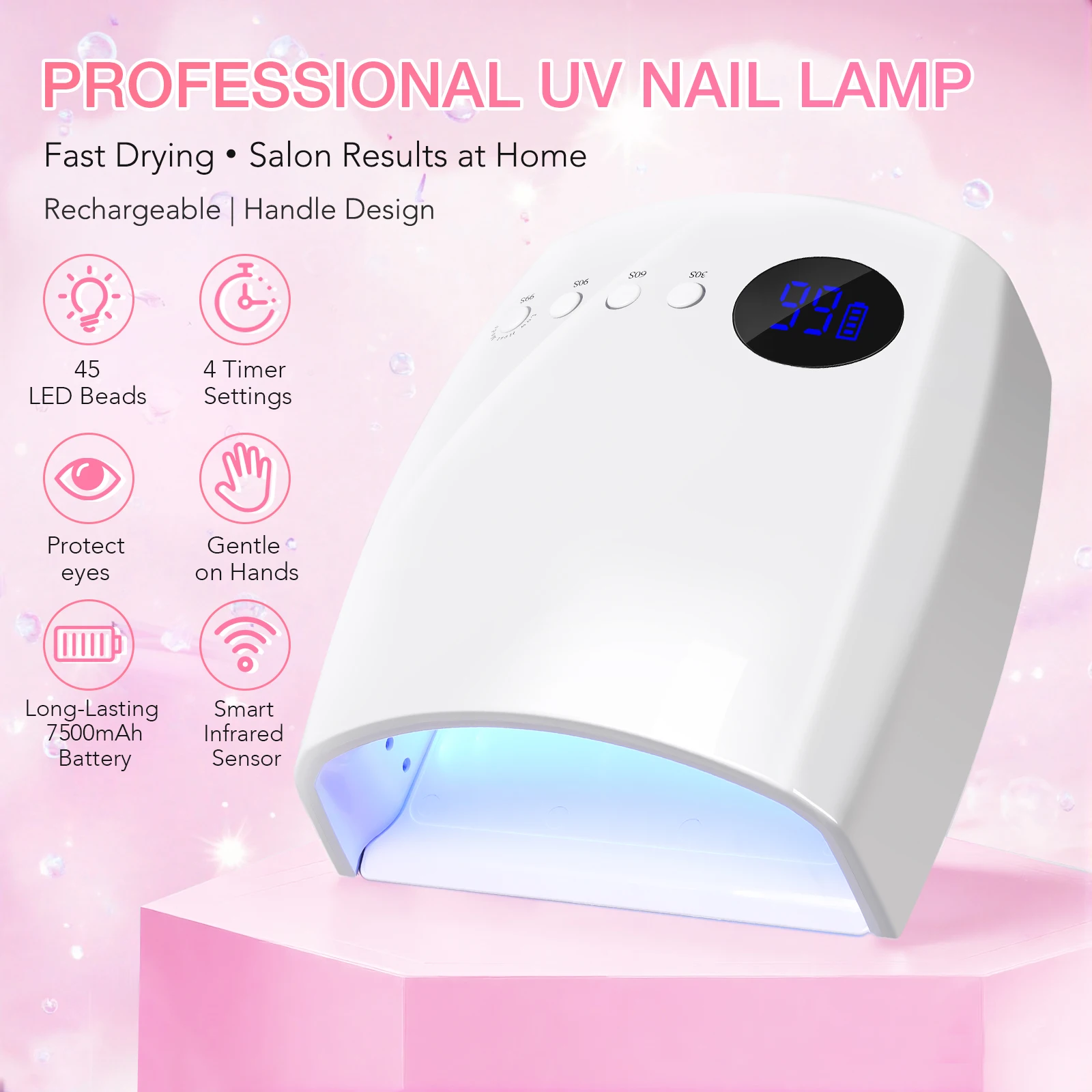 DianaBeauty UV LEDネイルランプ 充電式コードレスネイルドライヤー 4つのタイマー設定付き UVライト マニキュア用 7500mAhバッテリー搭載