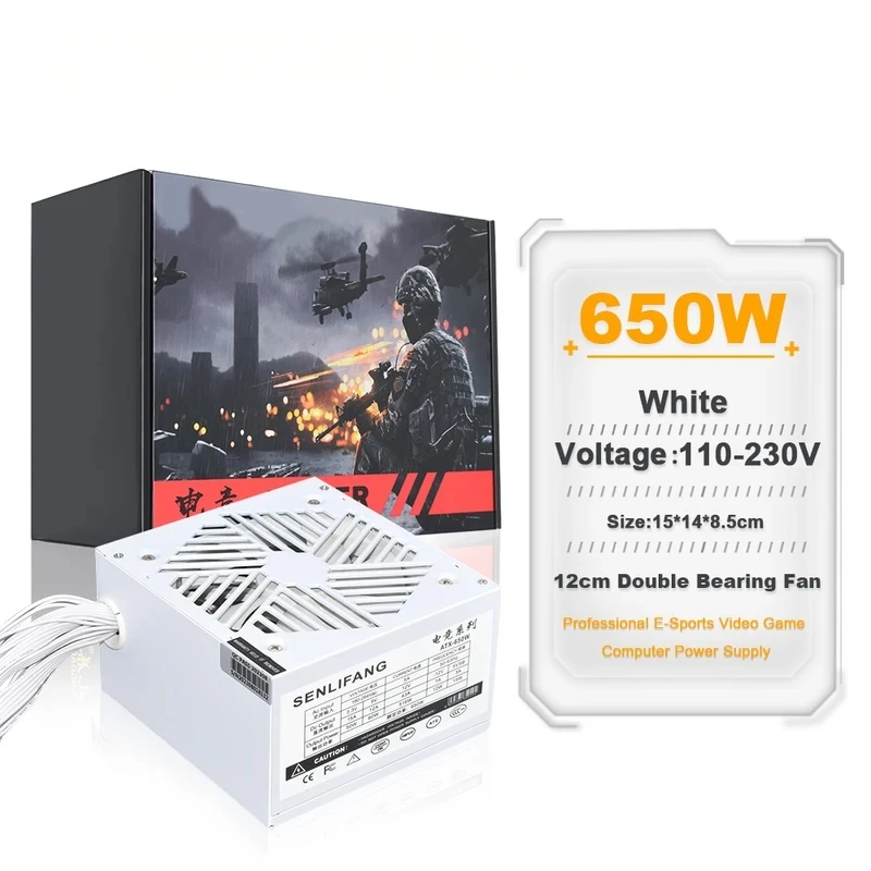 CHJJULONGFENGBAO White PC PSU 20+4Pin 12V ATX 650W 110-230V Professional E-Sports Video Game Computer Power Supply 12cm Fan