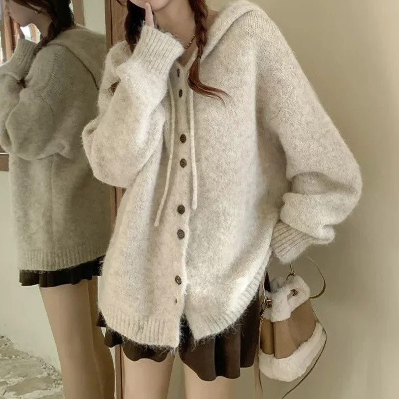 Hooded Sweater Cardigan Women's Autumn Winter Thickened Loose Knitted Hoodies Korean Casual Soft Slim fit Sweater Jackets