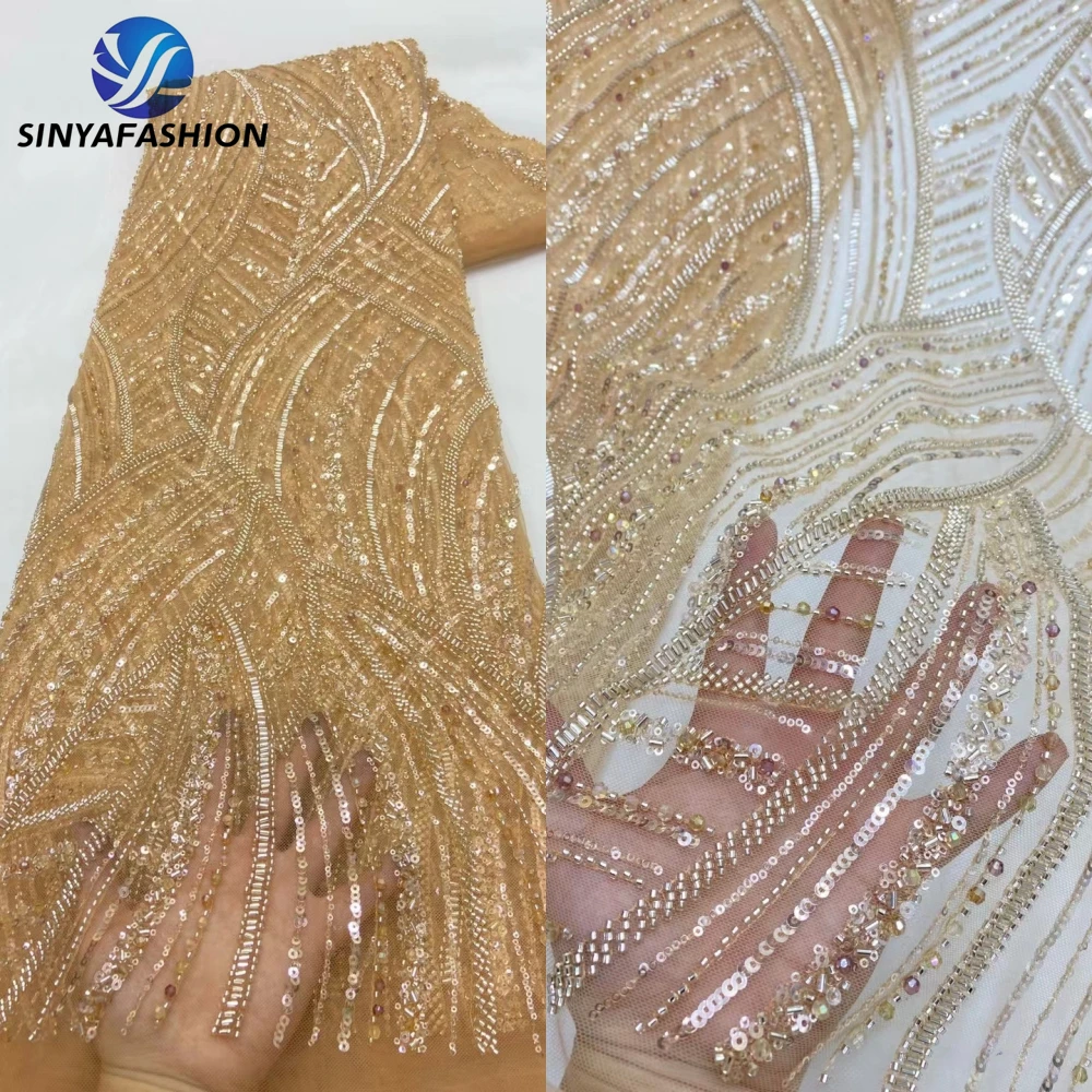 Tim White African Nigerian Sequins Crystal Diamond Beads French Tulle Embroidery High Quality Luxury Heavy Beaded Lace Fabric