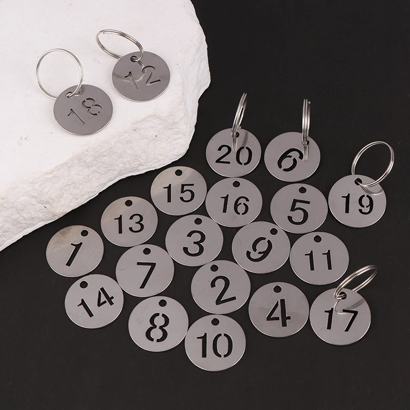 20Pcs Stainless Steel Number Plate Key Label Tags Chain Labels Round Rings Suitcase Identifiers Hanging Keys Numbered