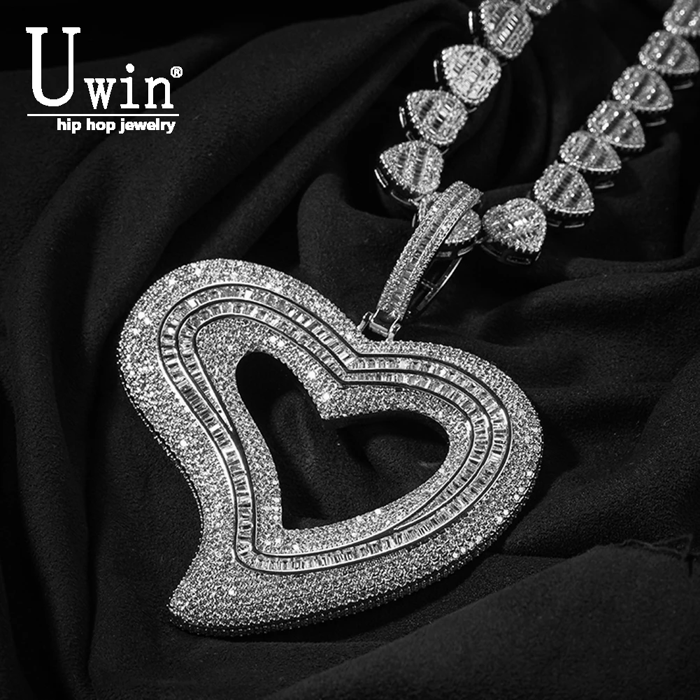 

Uwin Big Hollow Heart Pendant With 12mm Heart Zircon Necklace For Women Iced Out CZ Fashion Charm Hip Hop Jewelry For Gifts、