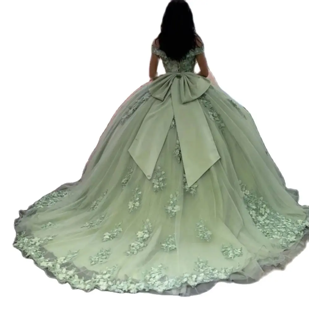 3d Bloemen Salie Groene Quinceanera Jurk Met Strik Formele Verjaardagsfeest Prom Voor 16 Jaar Vestido De 15 Años Corset