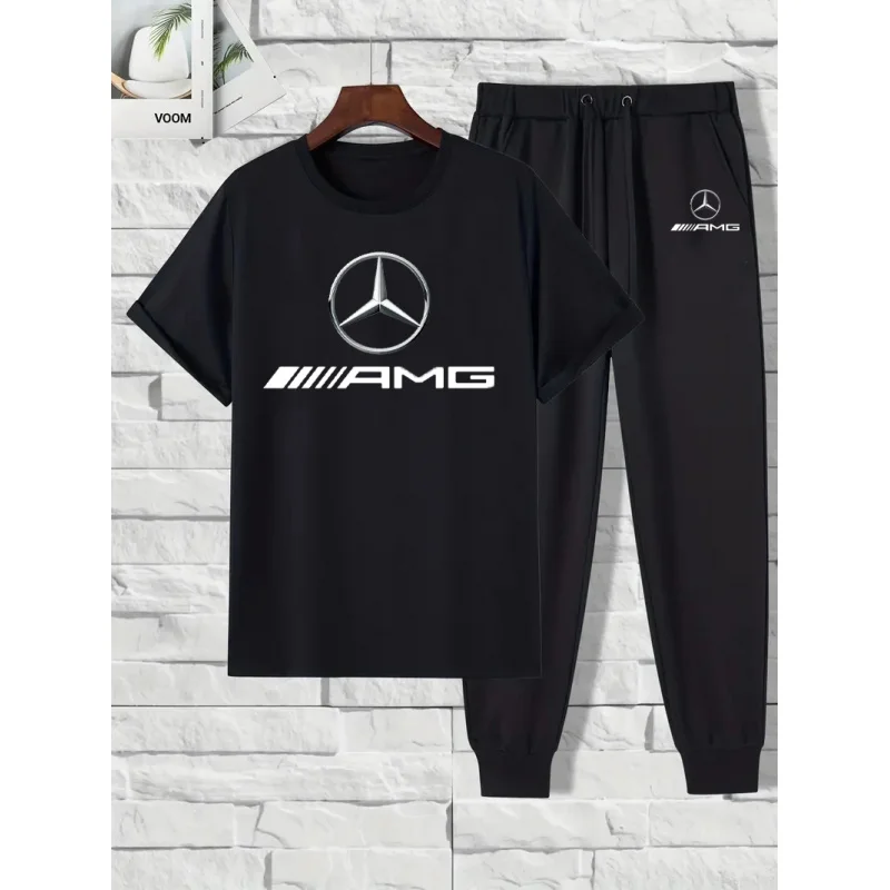 طقم مرسيدس بنز الجديد لعام 2025 للربيع والصيف، طقم قميص وسروال طويل مكون من قطعتين، كاجوال وعصري