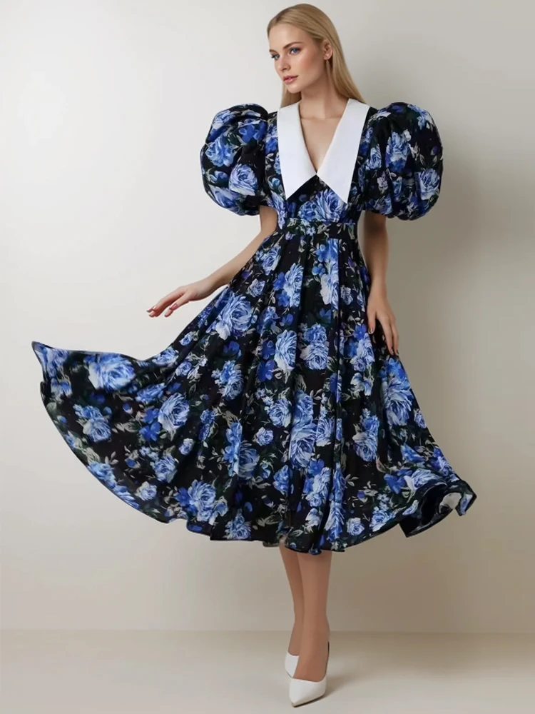 

SEQINYY Elegant Midi Dress Summer Spring New Fashion Design Women Runway Short Puff Sleeve Vintage Flower Print Casual Holiday