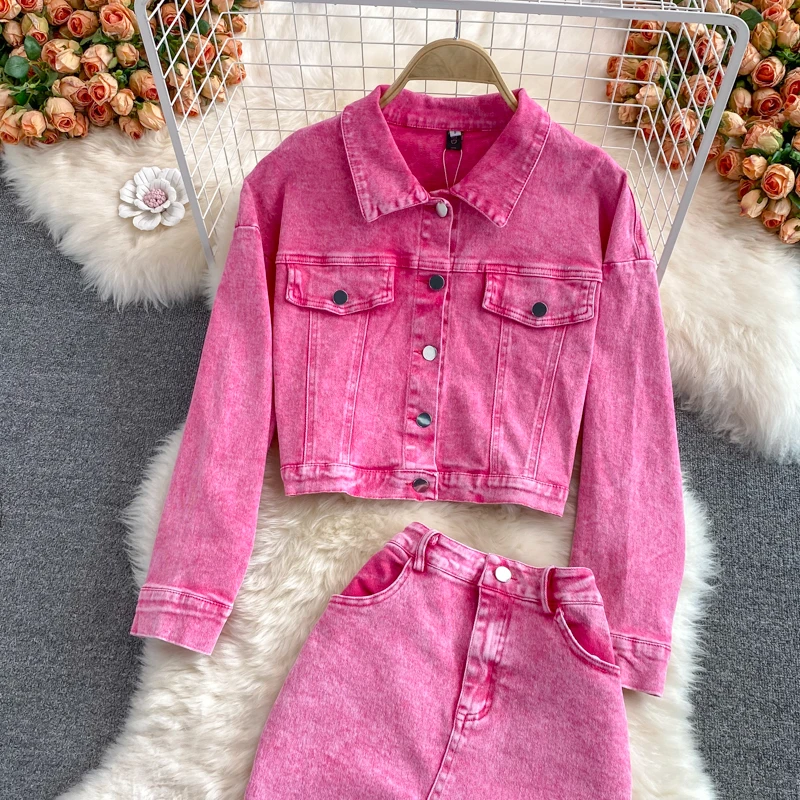 Imagem -03 - Conjunto de Jaqueta Jeans Curta Rosa e Saia Feminina Comprimento Médio Cintura Alta Split Saia de Quadril Nova Primavera Outono 2024