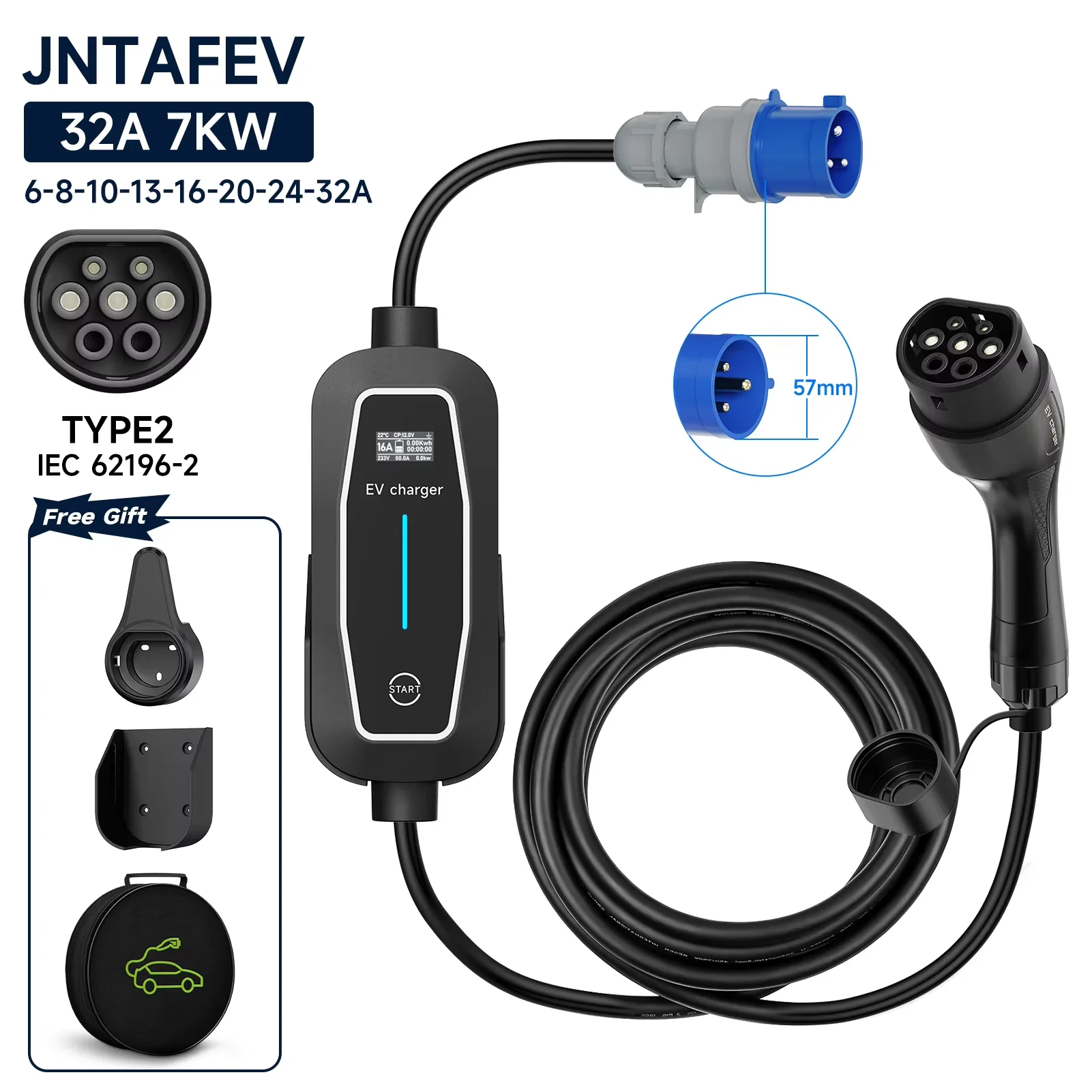 Portable EV Charger Wallbox 32A 7KW Type2 EVSE CEE Plug Equipped with J1772 Type1 Adapter Electric Vehicle Charging Cable Box