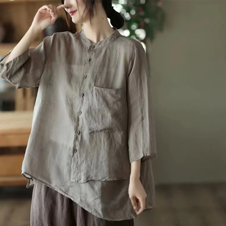 여름 신상 여성 패션 단색 셔츠 고급 린넨 00% 소재 봄 신상품 기타 브랜드
