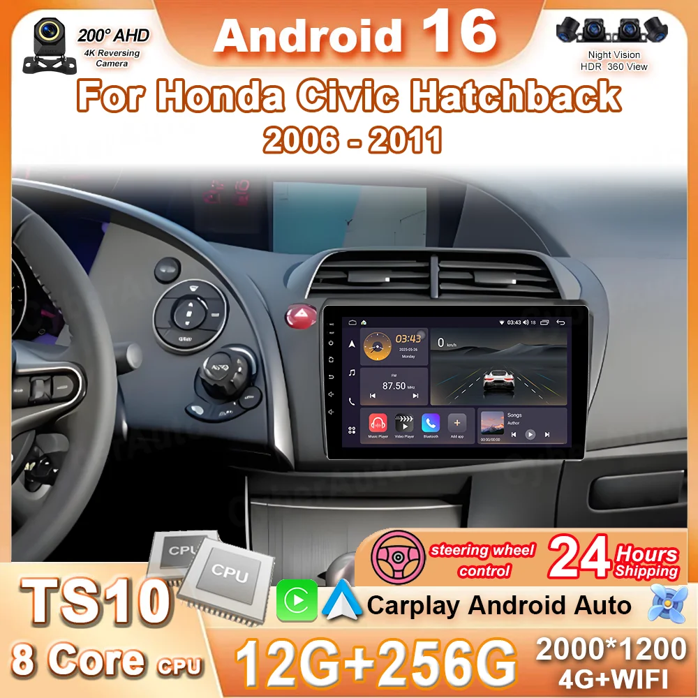 

Car Radio Screen For Honda Civic Hatchback 2006 - 2011 Carplay Android Auto Player Multimedia 4G WIFI GPS Navigation No 2 Din BT