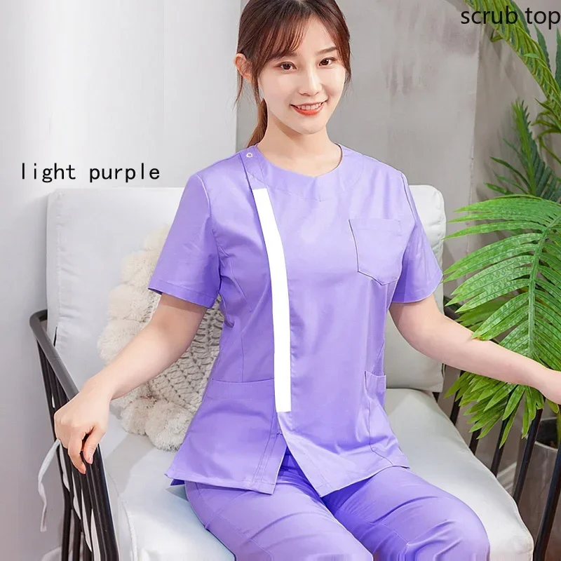 Top de manga corta para mujer, uniformes de cuello redondo para Spa, ropa médica de laboratorio de algodón, ropa de trabajo para médico, Odontología delgada