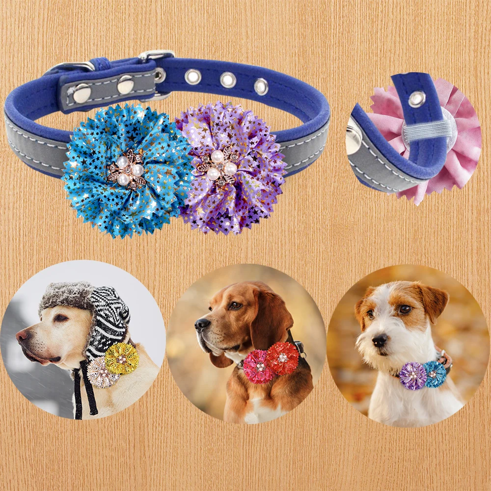 60PCS Dog Fashion Supplies Sildable Flower Collar Shining Diamond Dog Bow Tie Pet Dog Collar Charms Dog Grooming Accessories