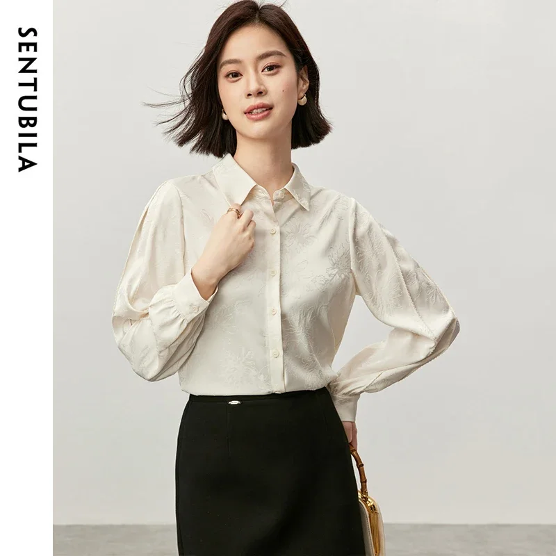 

SENTUBILA текстурированная жаккардовая рубашка женская, весна-осень 202, элегантная блузка с рукавами-фонариками в китайском стиле, женские топы 143C57013