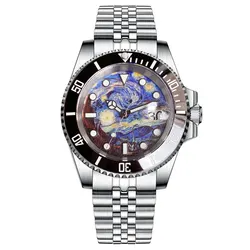 40MM Tandorio Van Gogh Sky Vintage Dive Watch Men's Automatic Mechanical Watch NH35A Sapphire Glass Cyclops Date Magnification