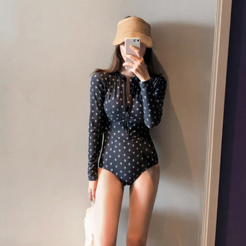 

Minsu 2025 South Korea New Sexy Slim Cover Belly Slimming Sun Protective Polka Dot Long Sleeve Zipper One-Piece Professional Wom