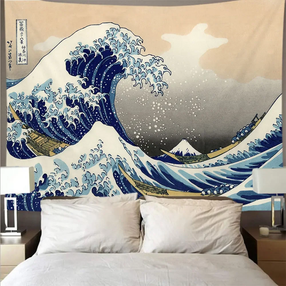 Japanese style samurai knife geisha tiger tapestry with a background of the art wall decoration tapestry of the Big Wave Moon