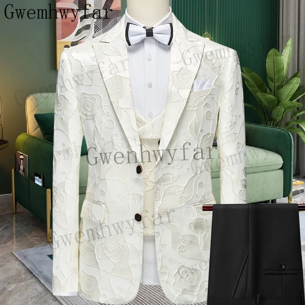 

Gwenhwyfar Fashion Suits For Men Slim Fit 3 Piece Jacket Vest Pants Set Formal Groom Wedding Peaked Lapel Tuxedo Male Business