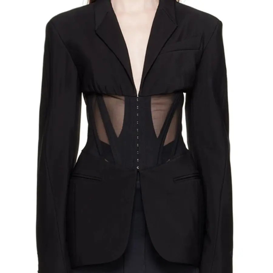 Autumn New French Style Commute Leisure Fishbone Waist Mesh Stitching See-through Suit Jacket for Women