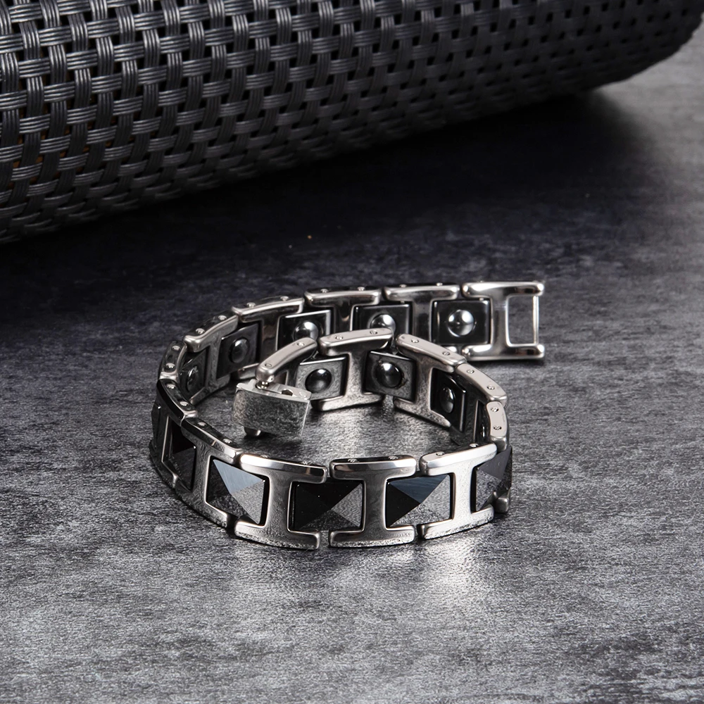 Ikuinen Trendy Black Magnetic Bracelet Ceramic Hematite Health Energy Bracelet for Men Chain Link Stainless Steel Bracelet Man