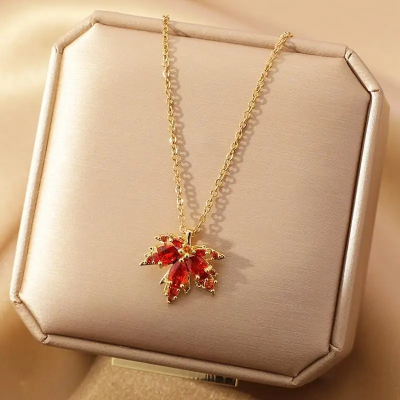 Gold Dainty Maple Leaf Necklace Autumn Maple Leaf Pendant Necklace Halloween Christmas Thanksgiving Gift Jewelry view 2