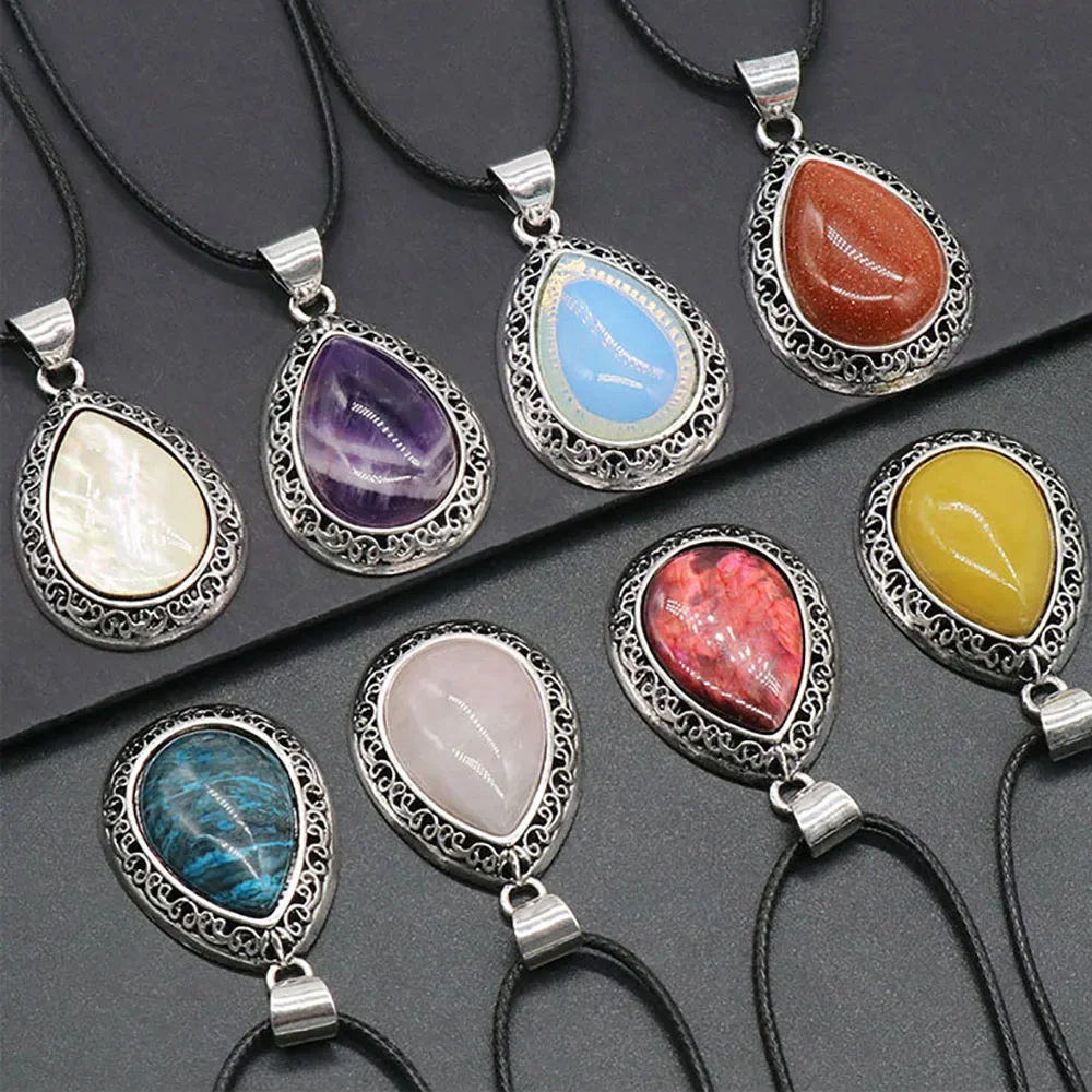 1Pc Natural Stone Pendants Oval Water Drop Shape Healing Crystal Agate Stones Inlaid Charms Multiple Usages Applications Gift