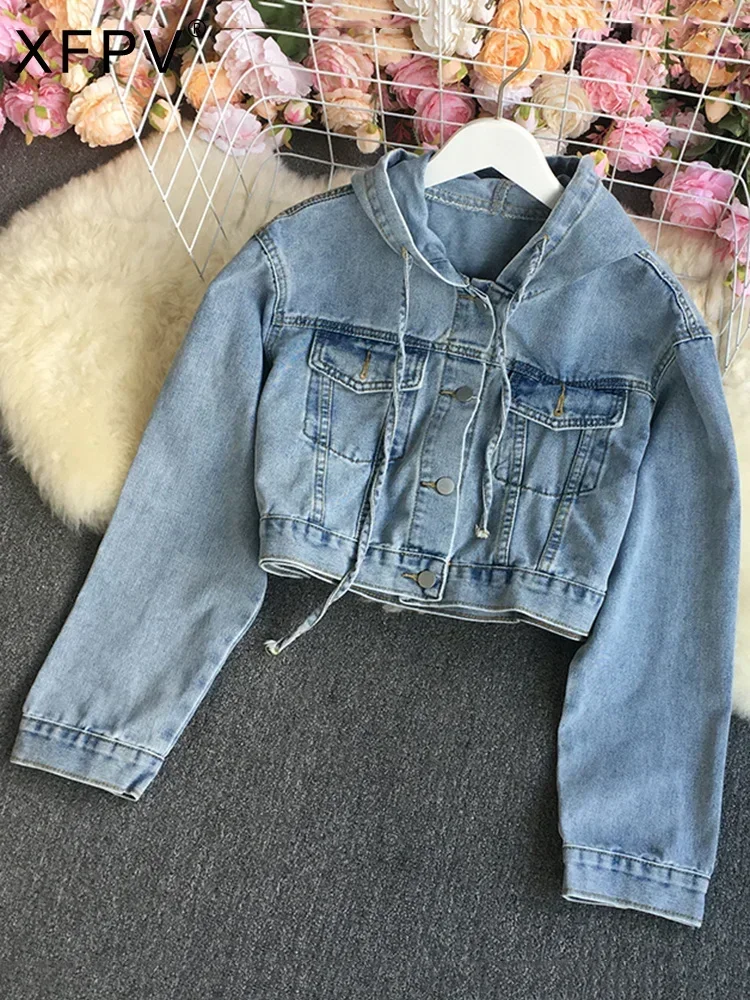 

XFPV 2023 New Autumn Vintage Casual Solid Color Hooded Drawstring Denim Jacket Women Single Breasted Shorts Coat Tide SM1742