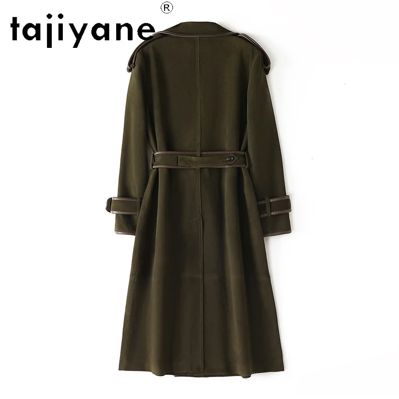 TAJIYANE Genuine Leather Jacket Women Top Sheep Suede Jackets Double-breasted Coats Streetwear Long Trench Coat 110cm Outerwear