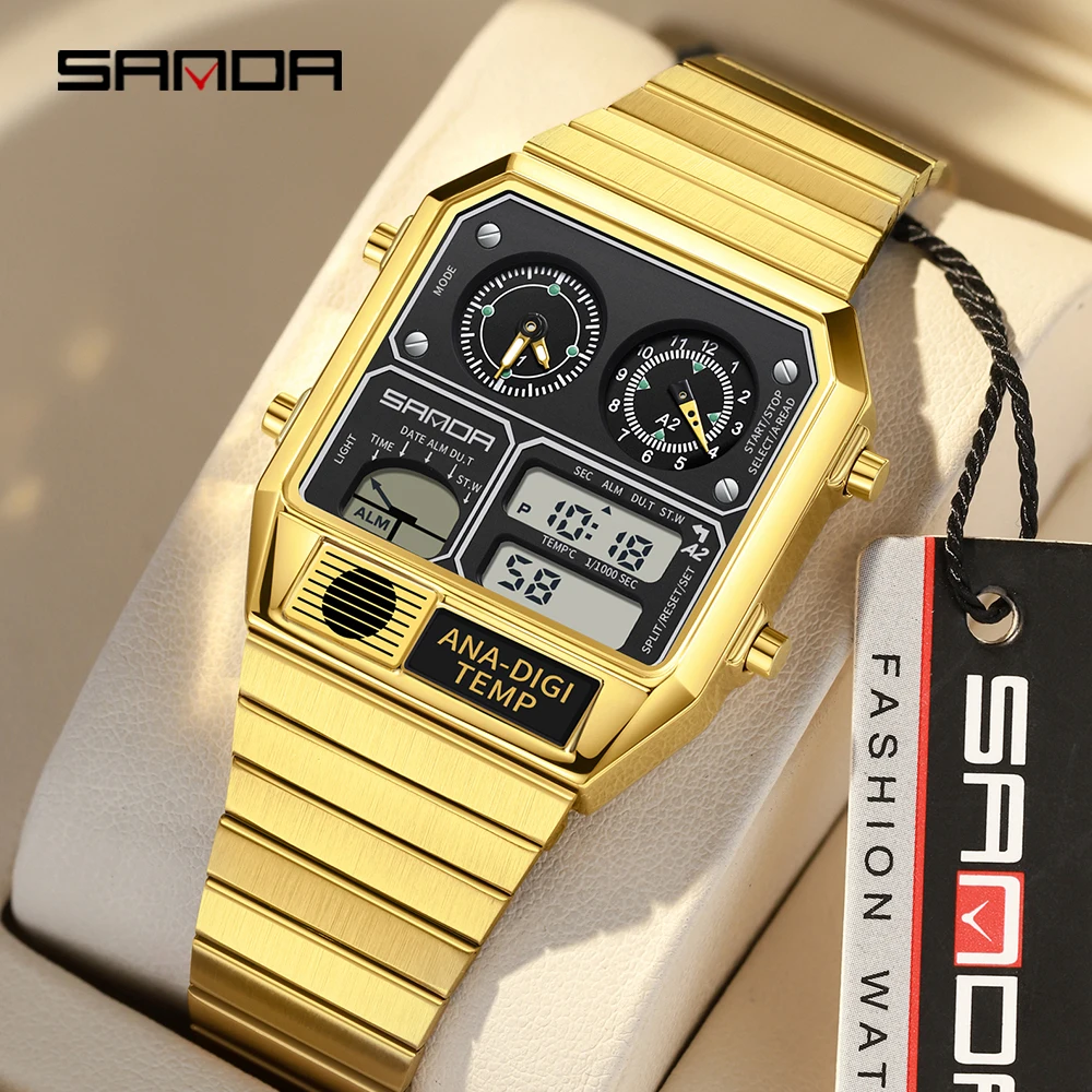 SANDA 3192 Factory Men's Wristwatch LED Electronic Chronograph Square Casual Multi-function Thermometer Stopwatch Men’s Watch