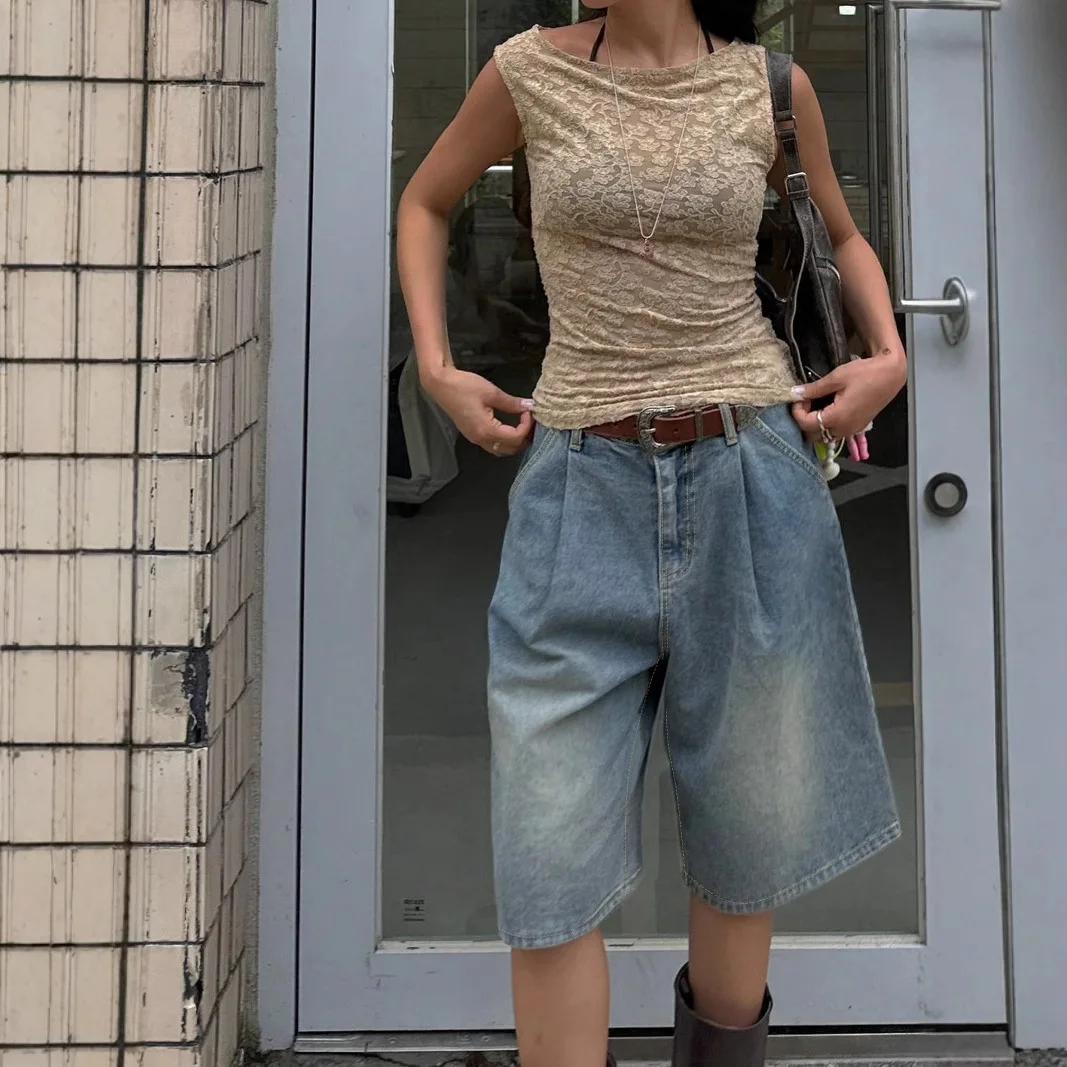 Jeans Knee Length Women Straight Short Pants Mid Waist Pockets Washed Distressed Button 2025 Streetwear Female Denims Trousers