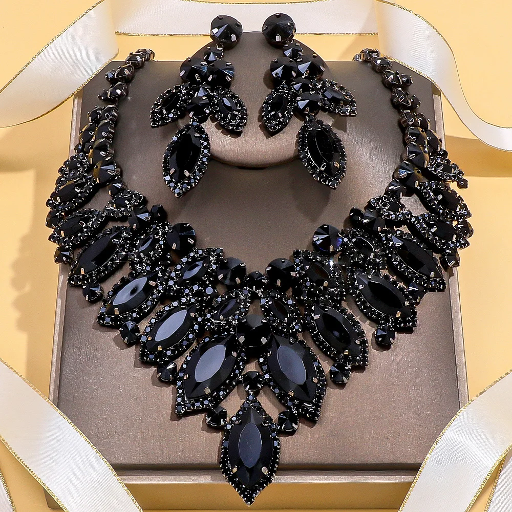 Stonefans Exquisite Earrings Necklace Set Leaf Exaggerate Accessories Luxury Black Rhinestone Bridal Jewelry Sets Prom for Women