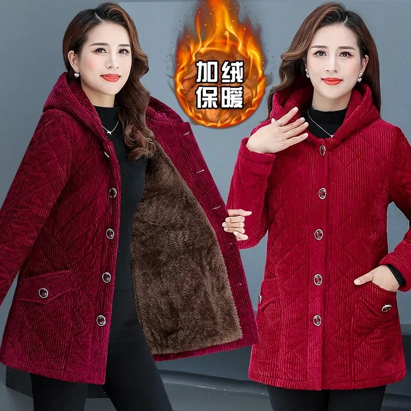 

Corduroy Cotton-Padded Coat Women Parkas 2026 Winter New Middle-Aged Elderly Cotton Jacket Mother Overwear Hooded Outwear Ladies