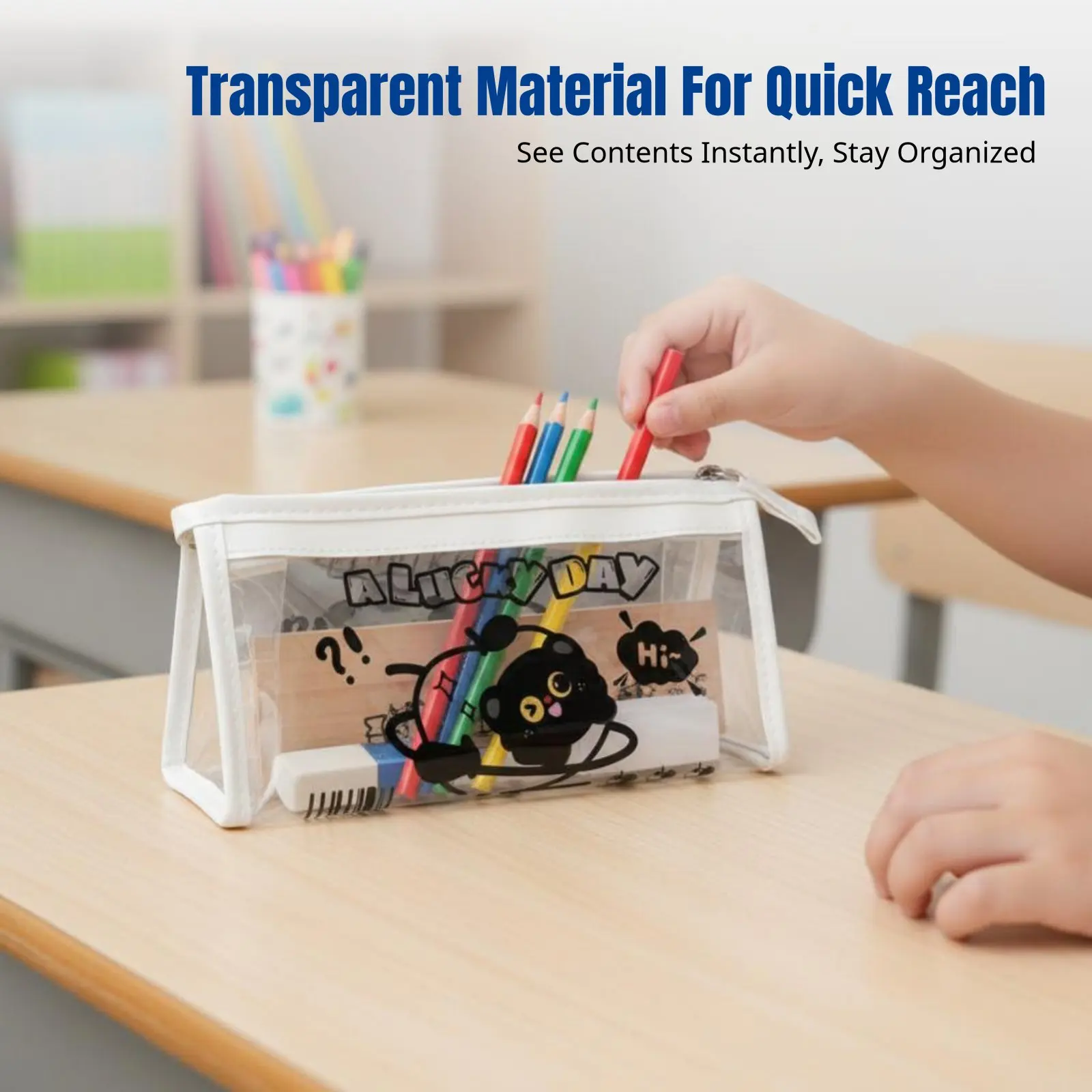 

Cartoon Cat Writing Tool Case, Large Capacity Transparent Stationery Box, Waterproof PVC Organizer for Children