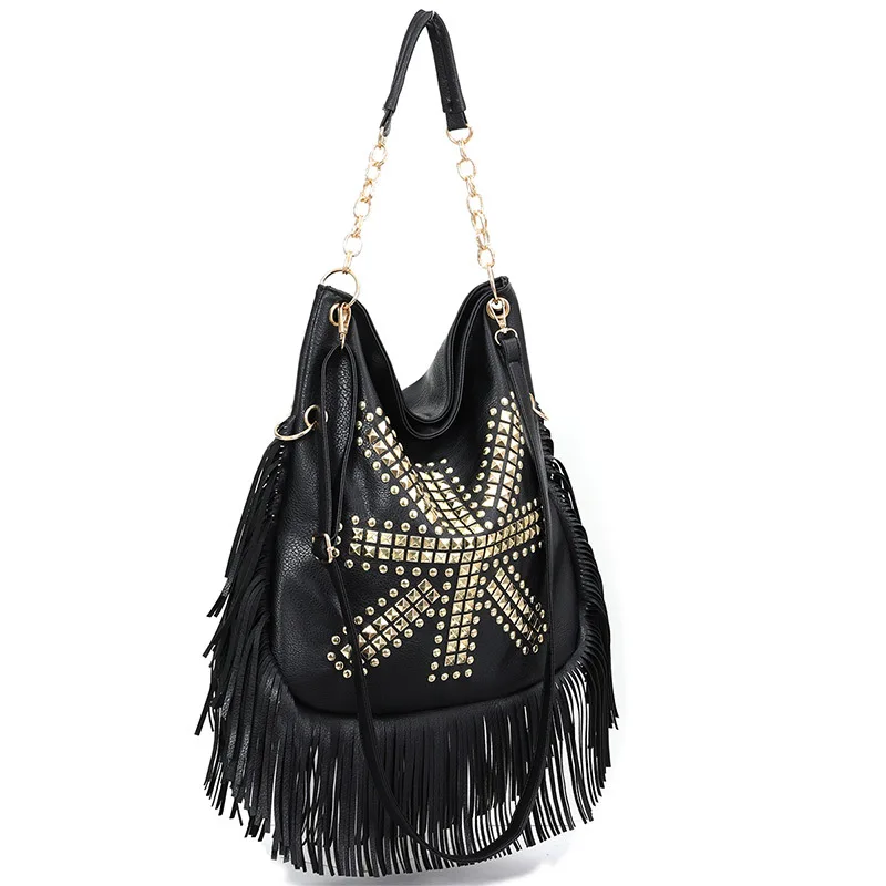 

European and American Trend Rivet Studded Soft Leather Tassel Bag Handheld Shoulder Crossbody Large Bag