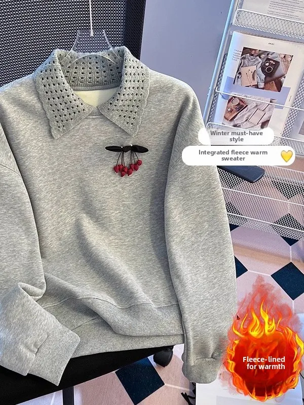 Damska bluza z podszewką, ocieplana, z kołnierzykiem, luźna, w stylu lazy, top na jesień i zimę, designerska, wersja koreańska, długi rękaw.