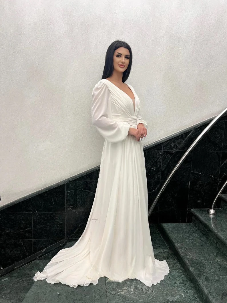 長袖シンプルなサテンのウェディングドレス妖精コルセットセクシーなウェディングドレス白いドレスウェディングドレス花嫁のための女性パーティードレス