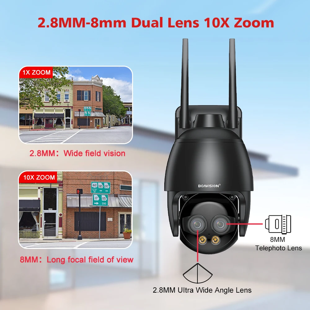 HD 8MP WIFI/4G SIM Karte/POE Cam 10X Digital Zoom AI Humanoiden Erkennung Auto Tracking 2,8mm 8mm Dual Lens Cam