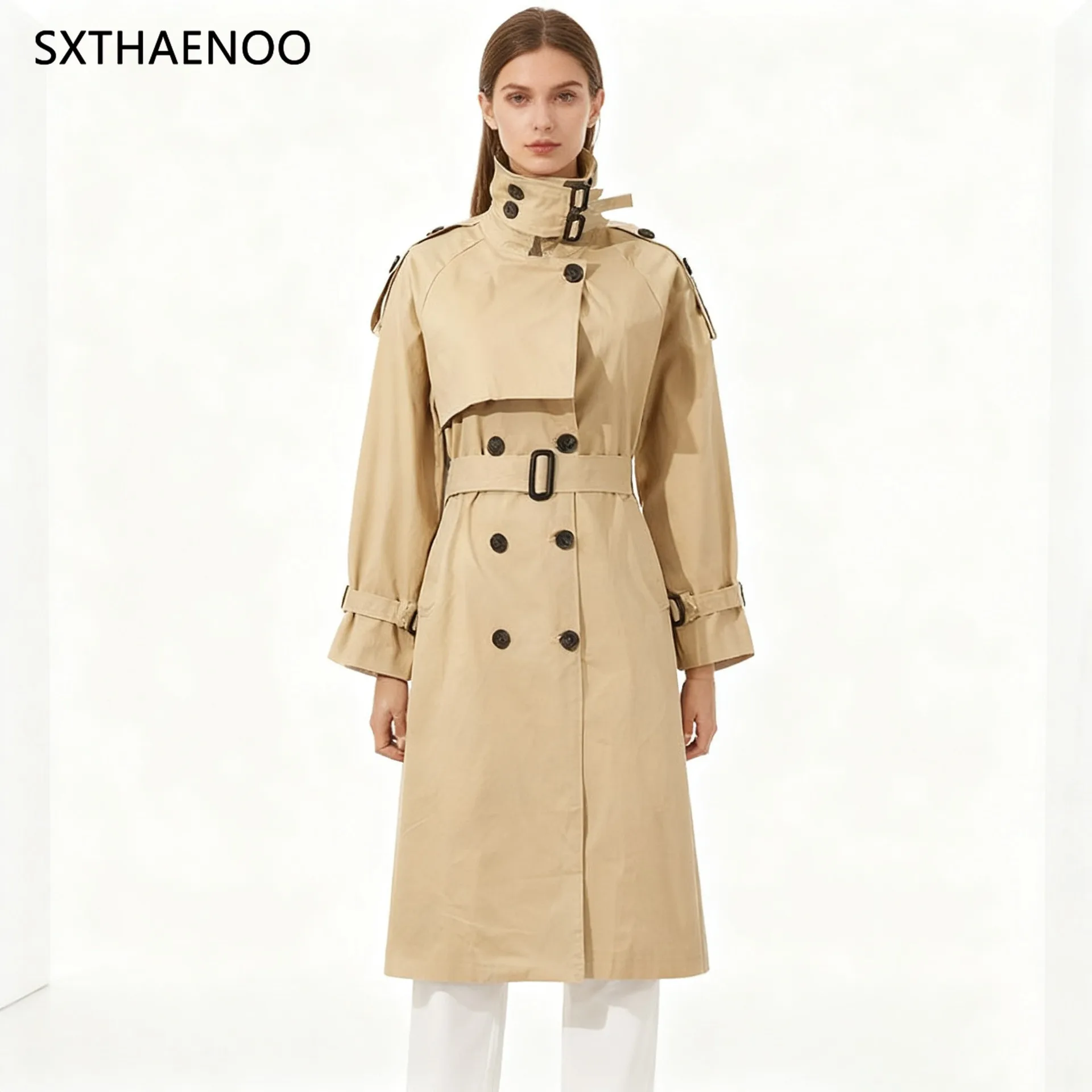 

SXTHAENOO Elegant French Style Long Sleeve Solid Color British Fashion Waist-Cinching Coat Women's Spring Stylish Classy 2026