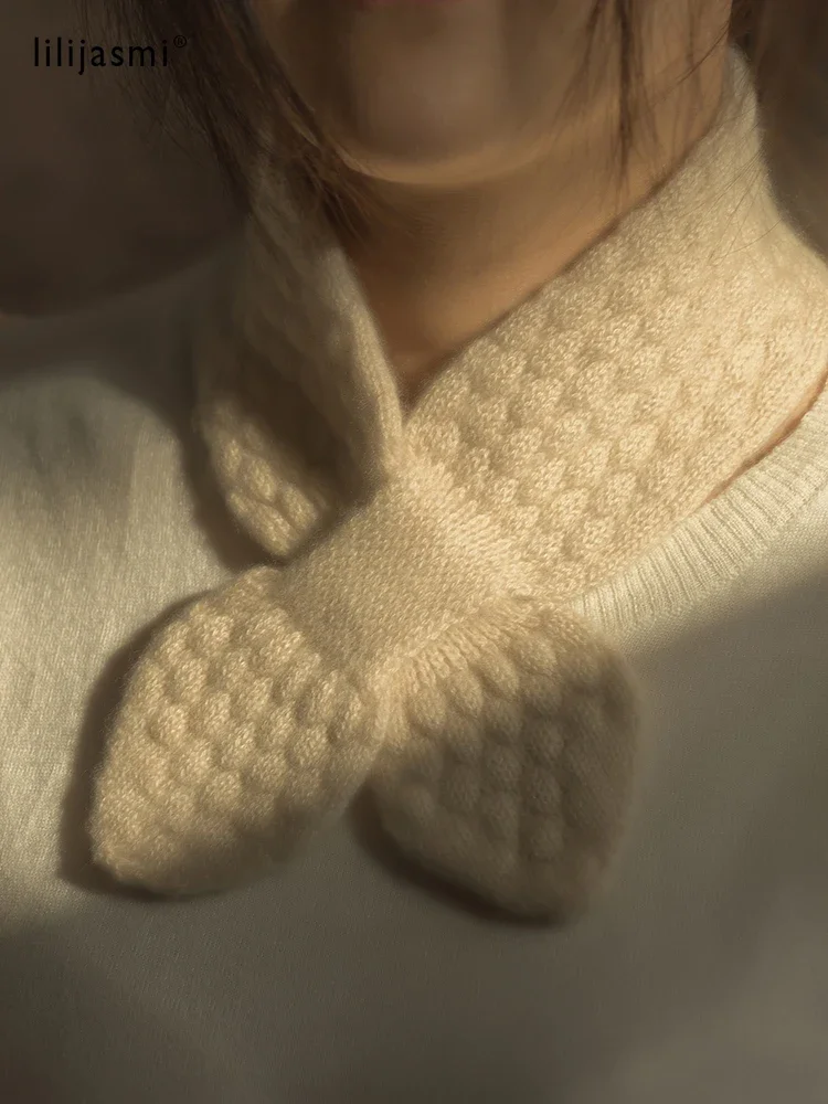 100% de cachemira pura tejida con lazo pequeño para mujer, pañuelo con lazo, punto de musgo, calentador de cuello suave, Collar de anillo, Boutique